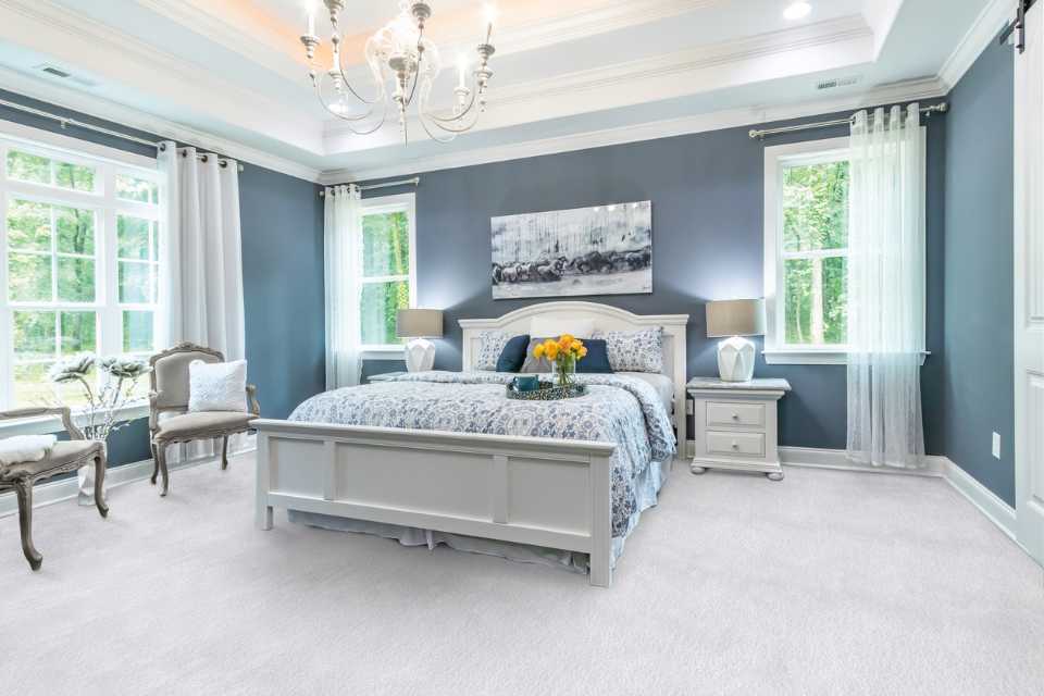 plush white carpet in traditional bedroom with chandelier